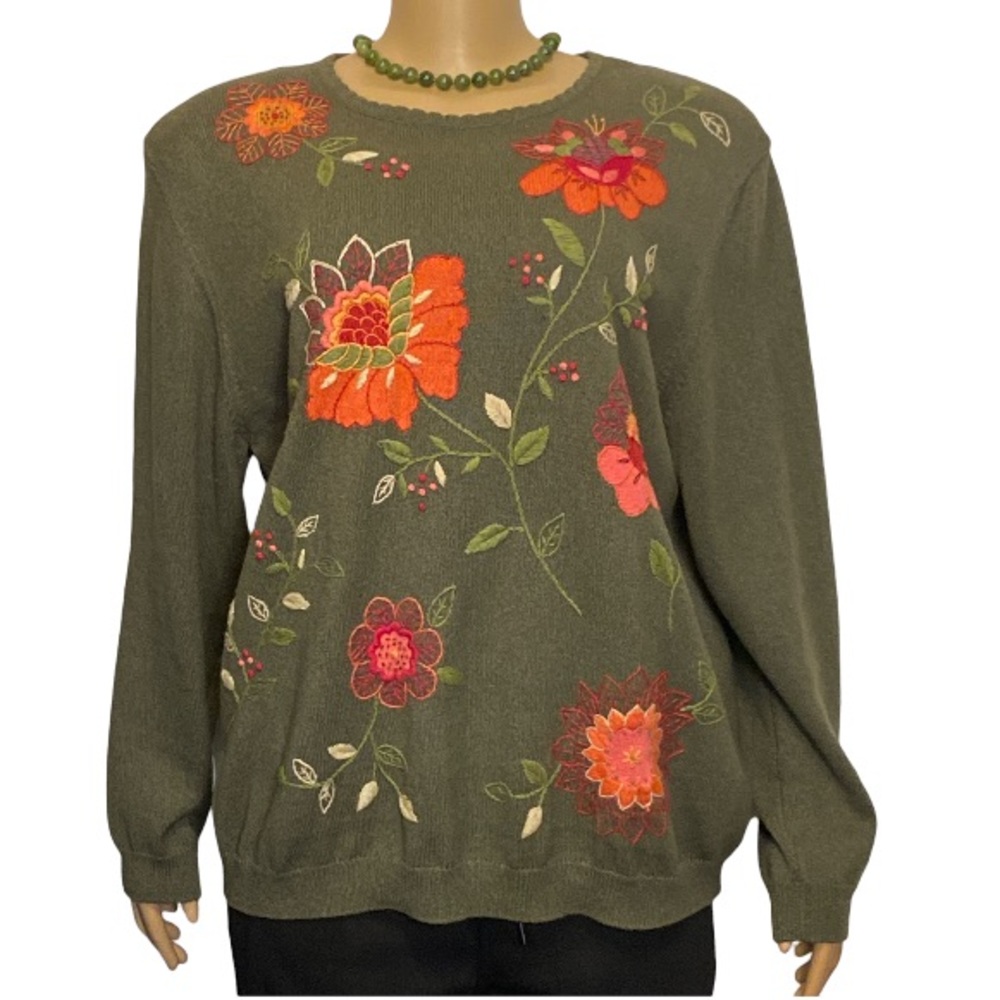 Vintage Alfred Dunner Floral embroidered Sweater Green multicolored size 2X